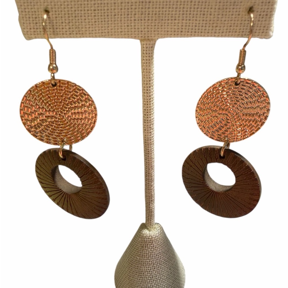 #696 Gold and Brown Textured Circle‎ Drop Earrings Boho Modern - Picture 2 of 5